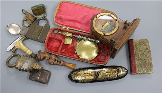 An 18th century brass quill stand, dated 1766 and sundry curiosities